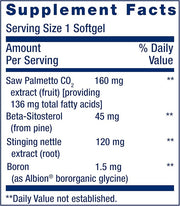 Life Extension PalmettoGuard supplement facts panel and ingredients list.