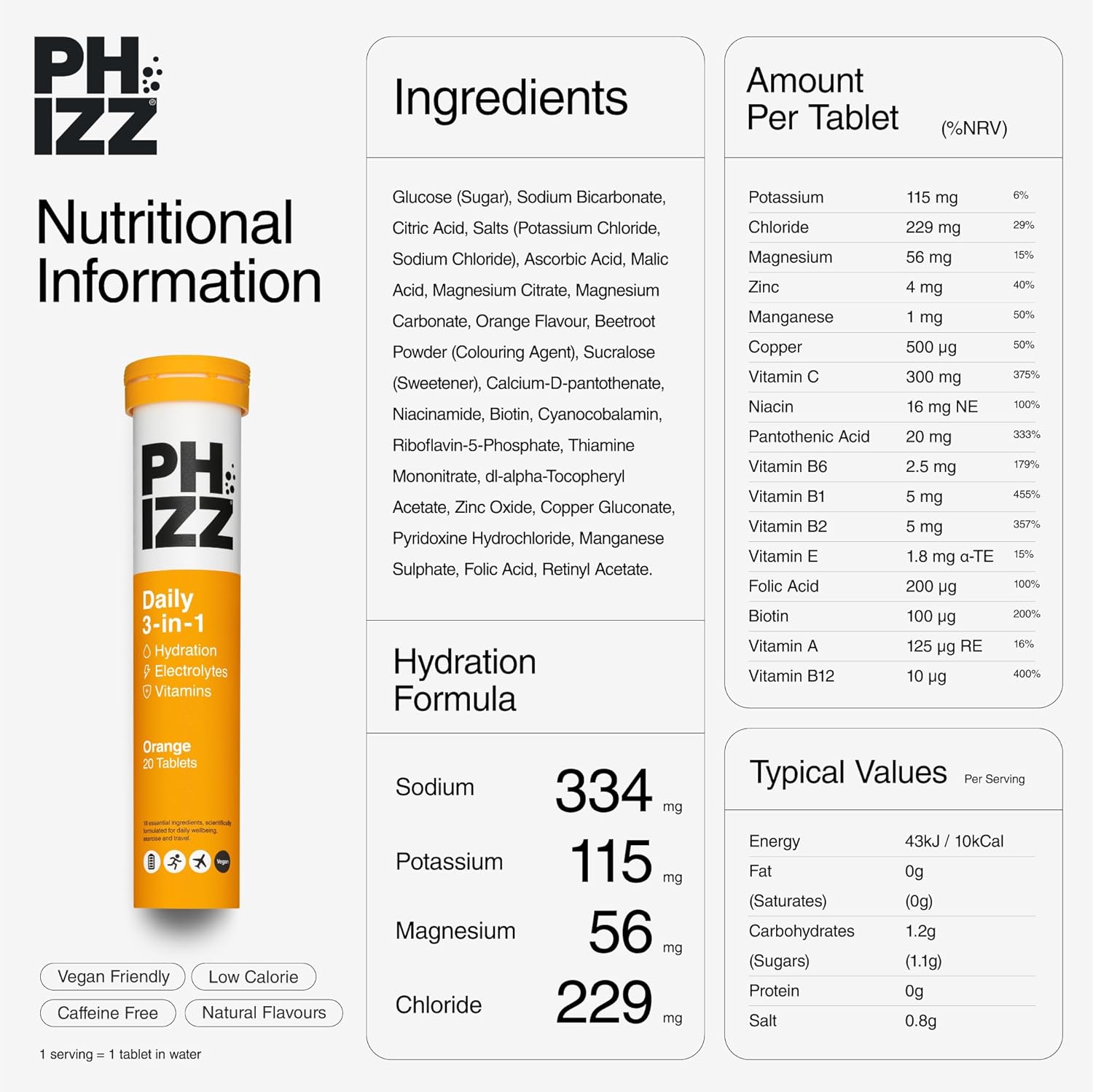 Phizz Daily orange electrolyte multivitamin effervescent tablets nutrition panel variety pack 100 tablets