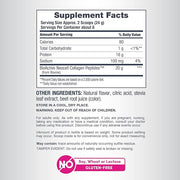 Nutrition label and ingredients for flavored collagen peptides powder supplement.