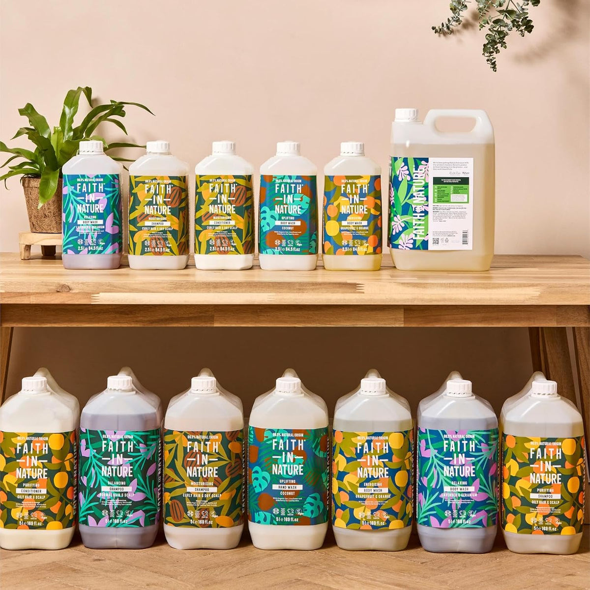 Faith In Nature Coconut Hydrating Conditioner Refill 5L bottle packaging in hair care use