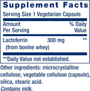 Supplement facts for Life Extension Lactoferrin showing 300mg dosage.
