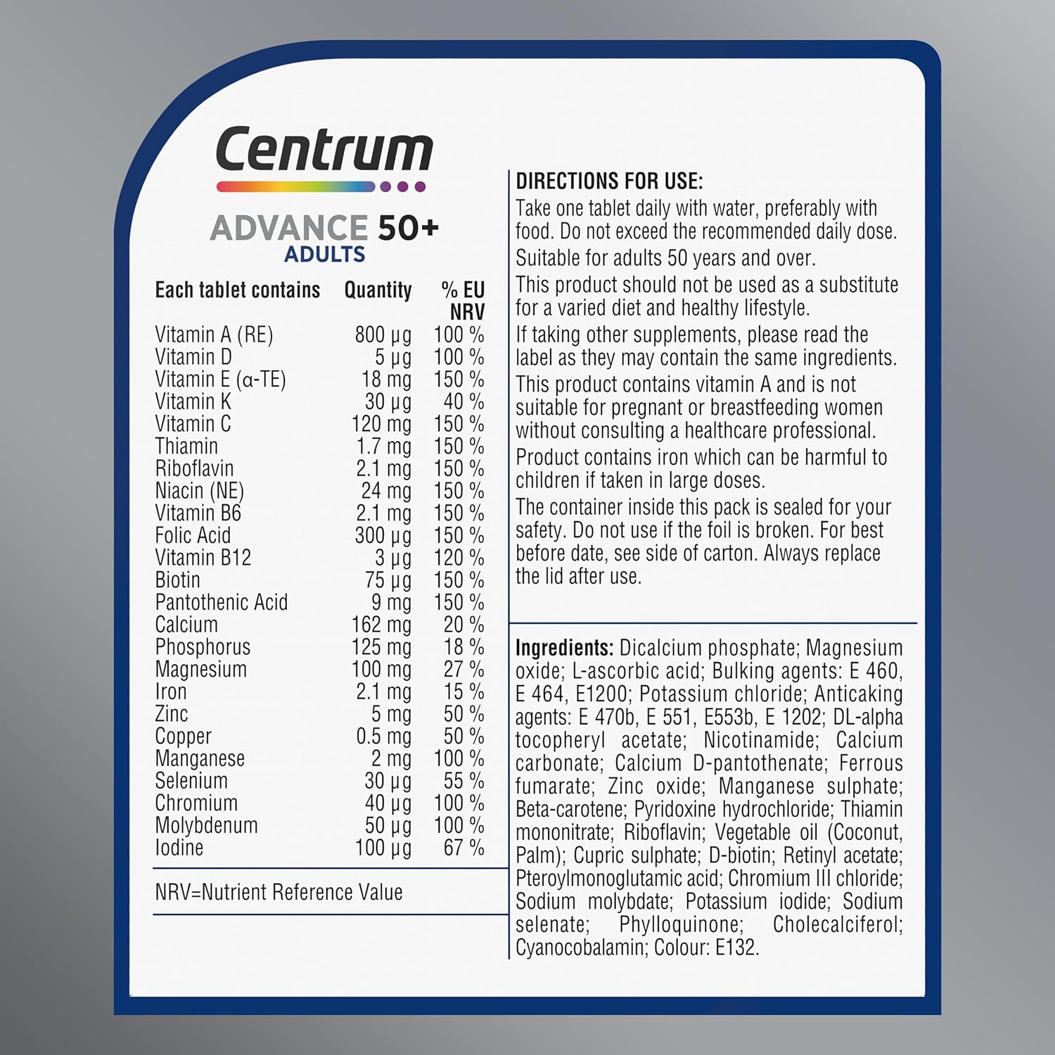 Supplement facts and health benefit statements.