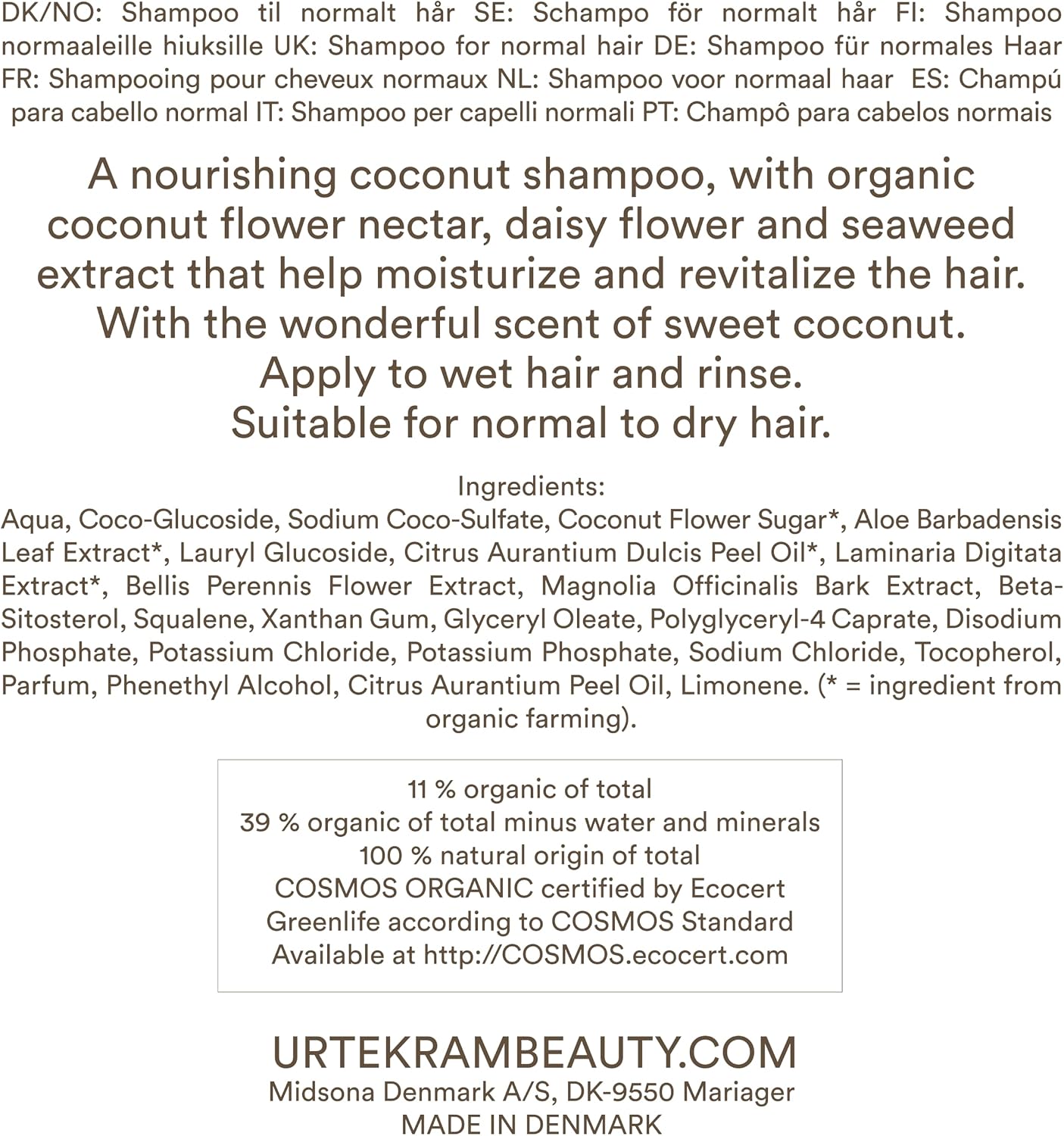 Urtekram Nourishing Coconut Shampoo bottle, no flavour, 250ml, ingredients