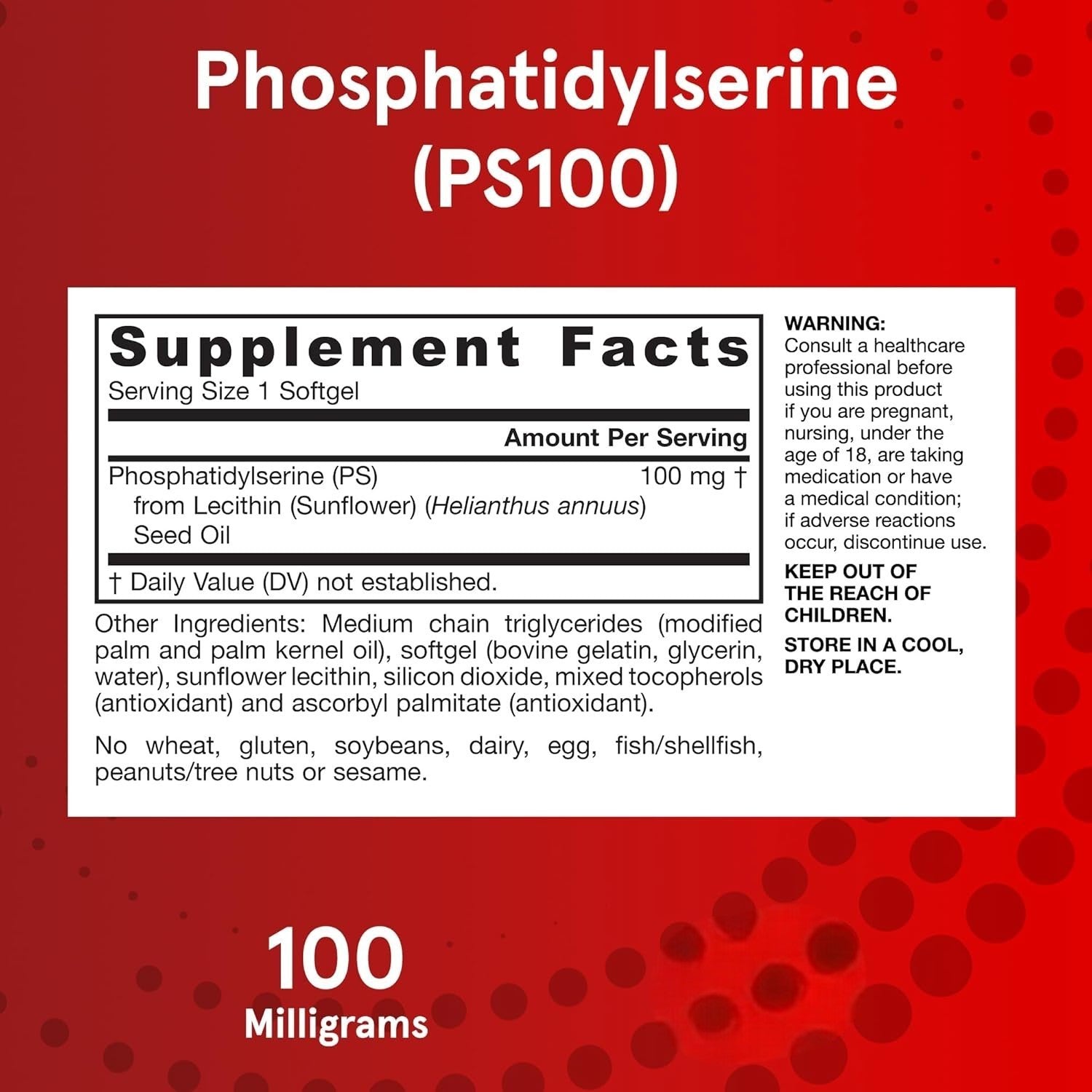 Supplement Facts Image: Jarrow Formulas PS100 phosphatidylserine 100mg softgels supplement facts and ingredients