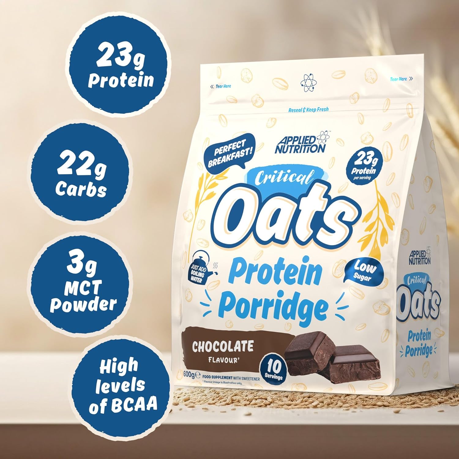 Applied Nutrition Critical Oats Chocolate Protein Porridge prepared in a bowl 600g