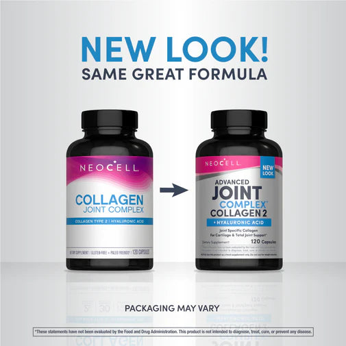 NeoCell Joint Complex 120 capsules bottle with Type 2 Collagen and Hyaluronic Acid supplement. Old & new packaging.