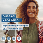 A smiling woman with curly hair stands on a beach with ocean and sky in the background. Large text reads 'OMEGA-3 + BORAGE OIL' and 'High-intensity fish oil plus GLA to support skin,' with small certification badges along the bottom.
