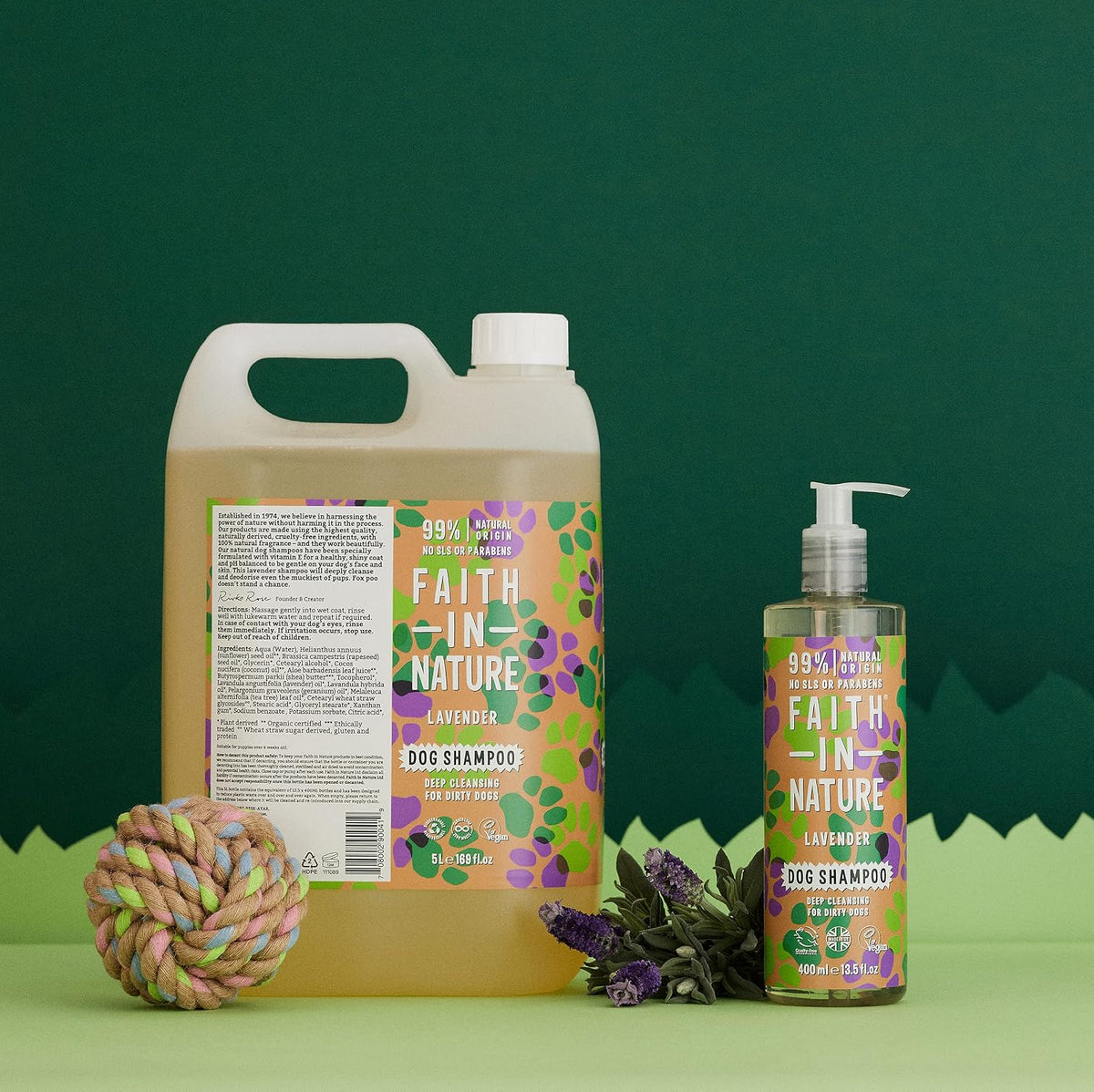 Faith In Nature Deep Cleansing Dirty Dogs Lavender Shampoo 400ml bottle packaging being used on a dog