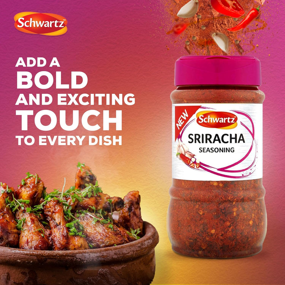 Schwartz Sriracha Seasoning 320g packaging showing ingredients and product information