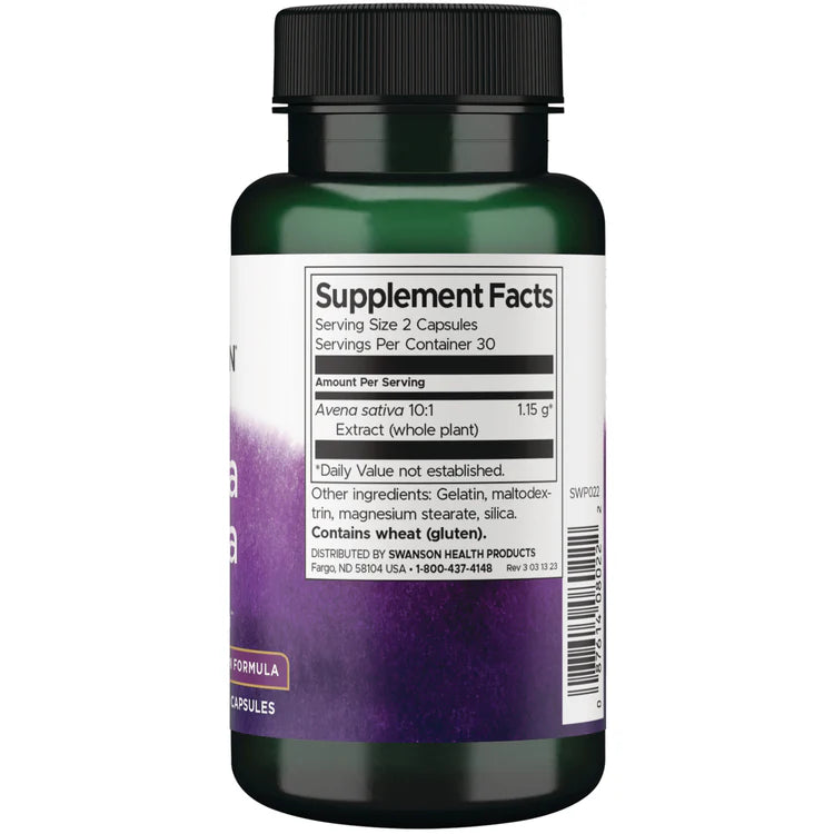 Swanson Avena Sativa 575mg 60 Capsules supplement facts ingredients & barcode panel