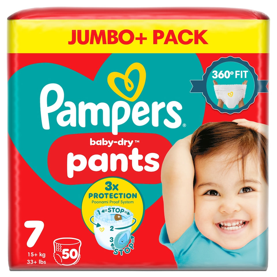 Front image: Pampers Baby-Dry Pants Size 7 jumbo pack 50 nappies packaging