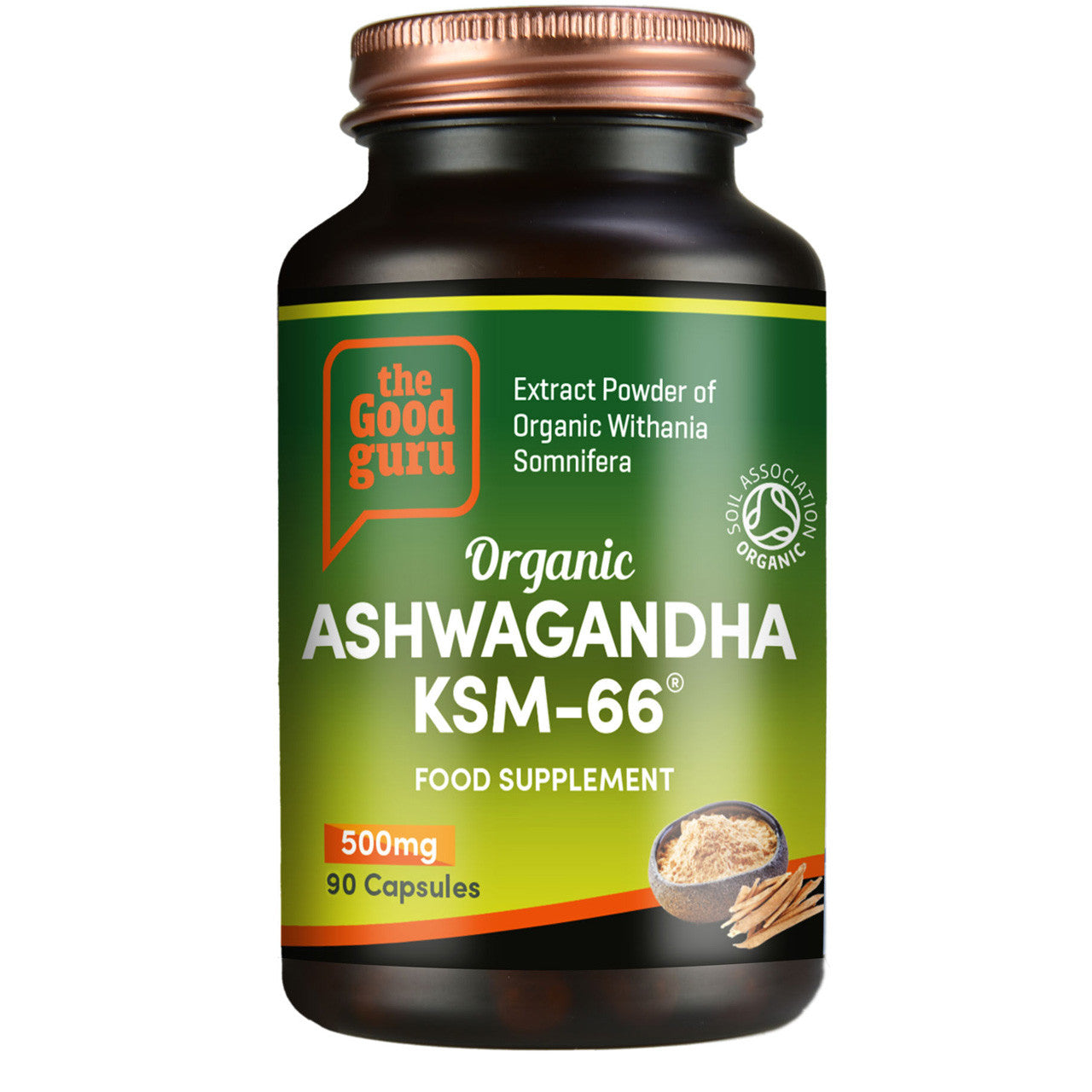 The Good Guru Organic Ashwagandha KSM-66 supplement bottle, 90 capsules, on white background.