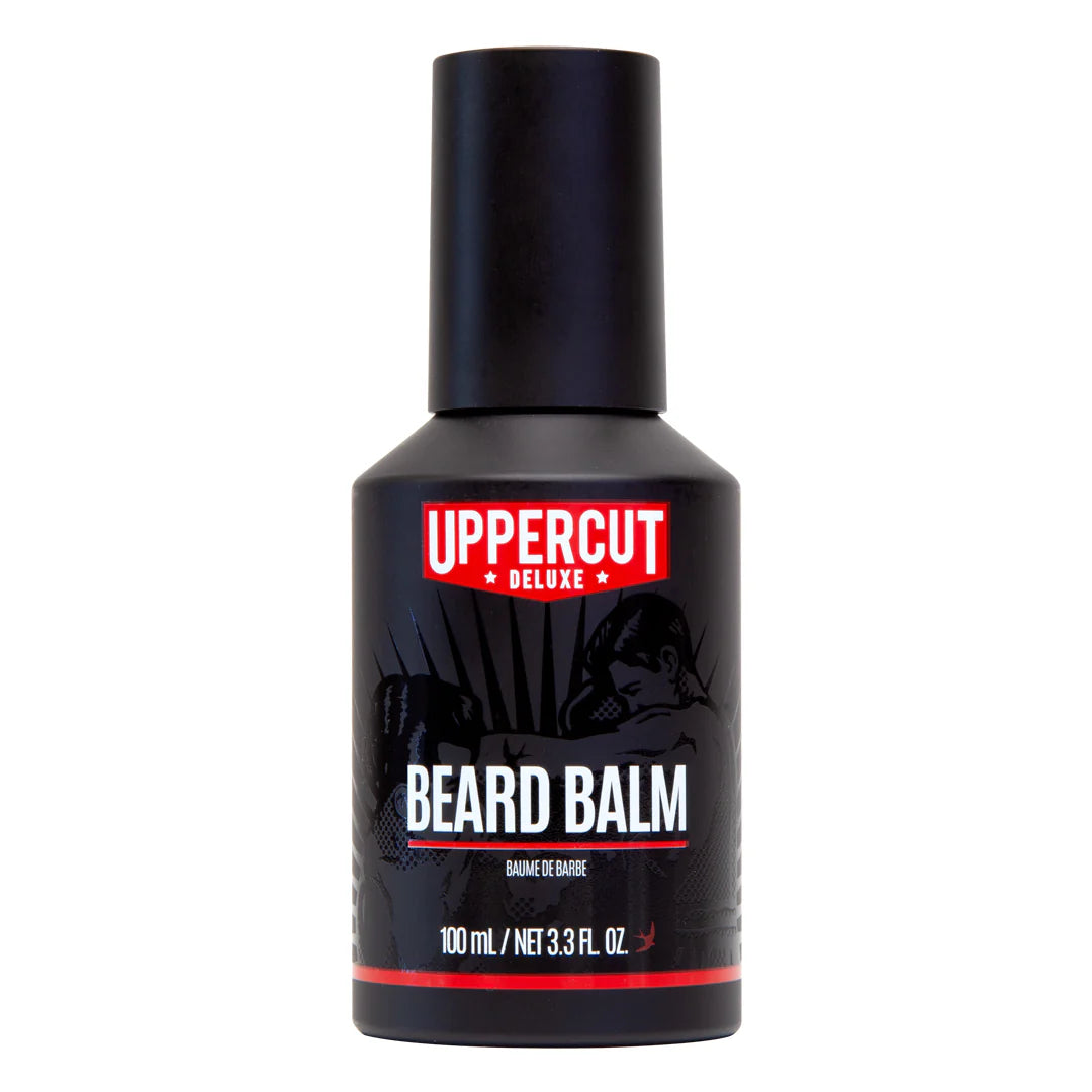 Front image: Uppercut Deluxe Beard Balm 100ml container light hold styling balm packaging