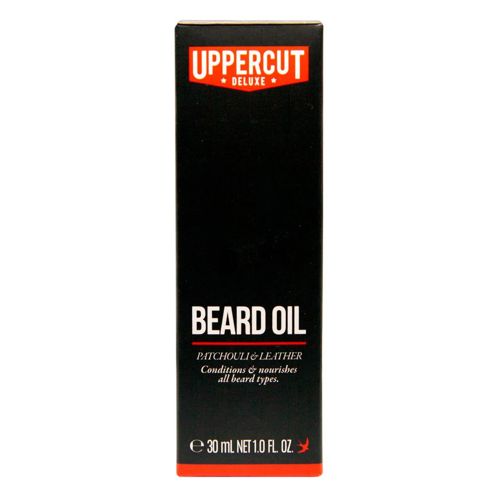 Front image: Uppercut Deluxe Beard Oil 30ml bottle lightweight grooming oil box packaging