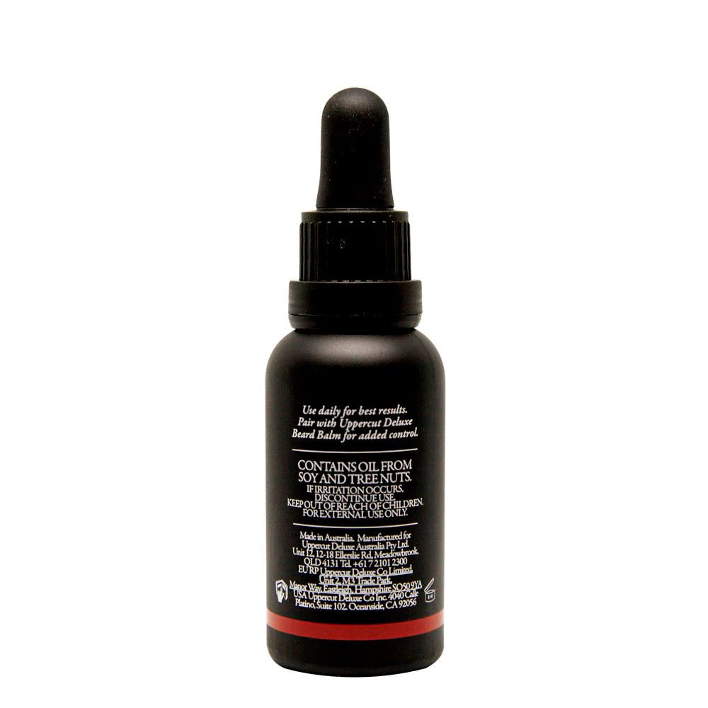 Supplement facts & ingredients image: Uppercut Deluxe Beard Oil 30ml ingredients argan jojoba avocado oils