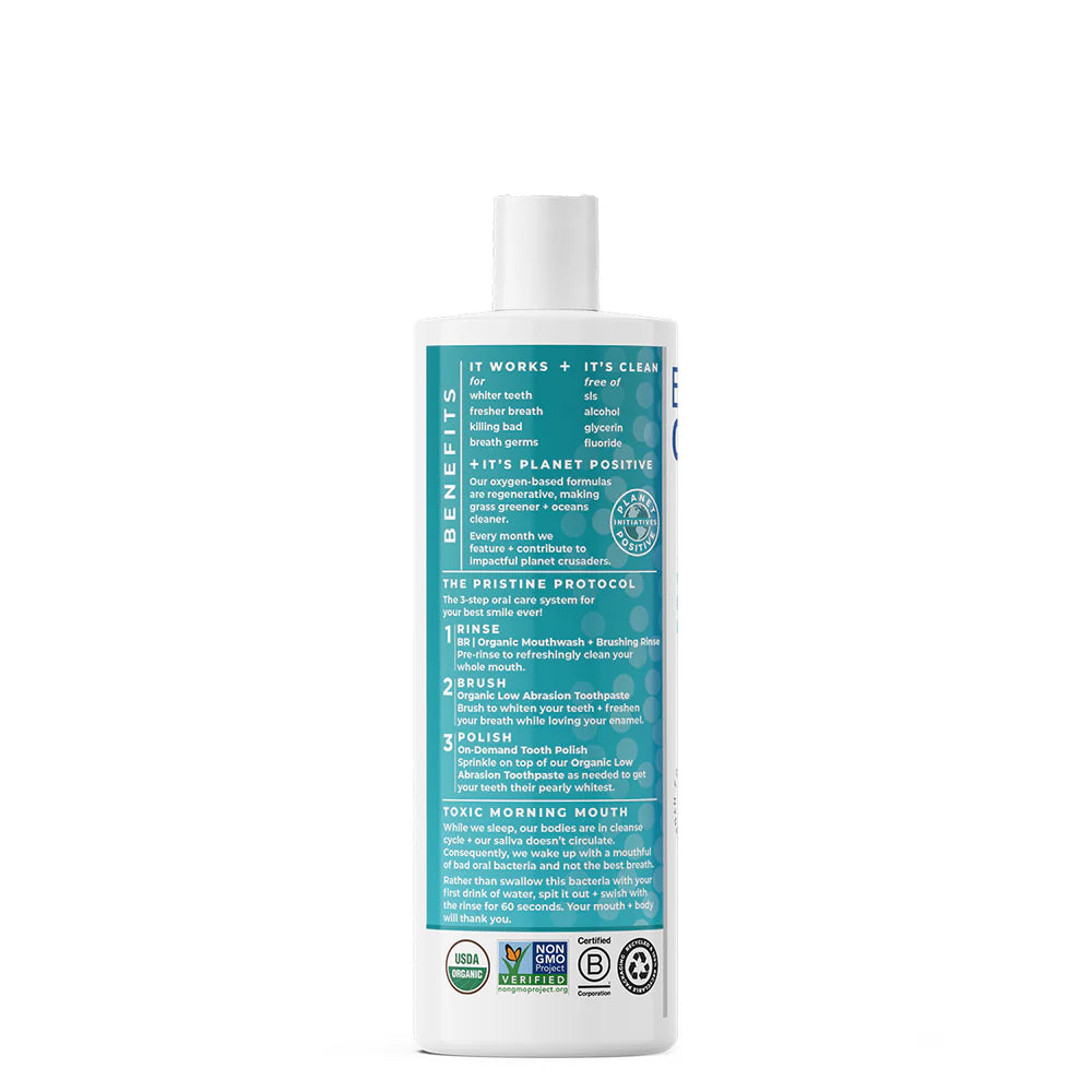 Essential Oxygen Organic Brushing Rinse showing ingredients and directions.