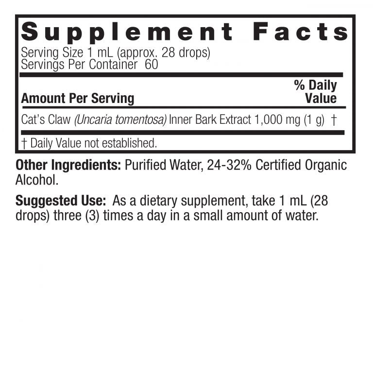 Nature’s Answer Cat’s Claw supplement facts low alcohol 60ml back label