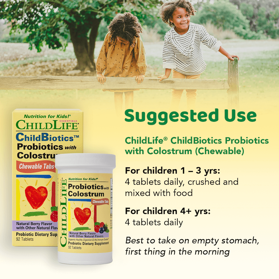 ChildLife Essentials ChildBiotics chewable probiotics usage instructions kids 92 tablets