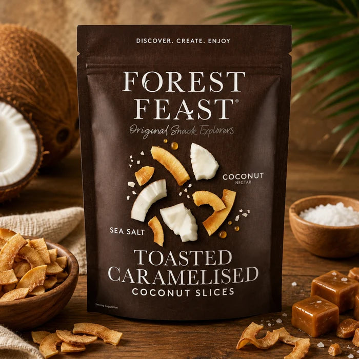 Forest Feast Toasted Caramelised Coconut Slices toasted coconut snack 600g pack lifestyle serving image