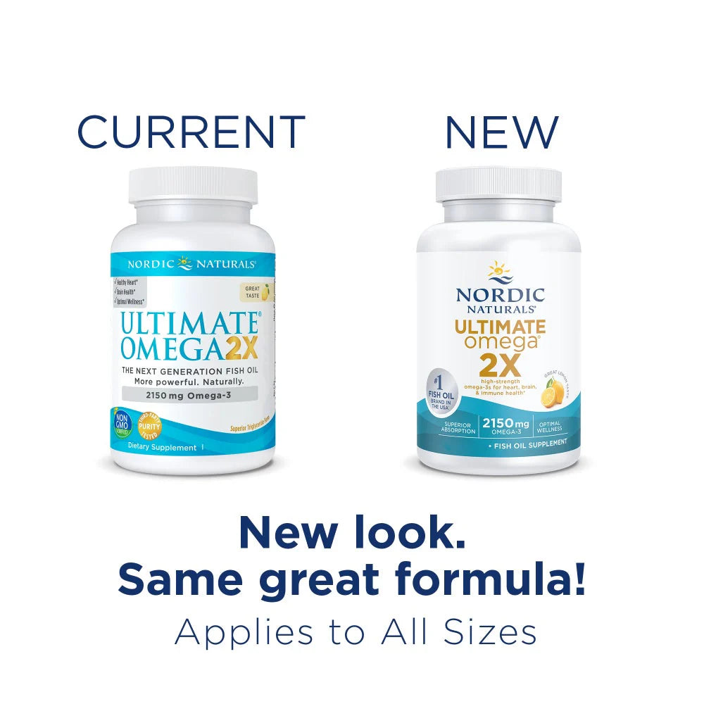 Nordic Naturals Ultimate Omega 2X - 2150mg Omega-3 Lemon Softgels. Old & new packaging.