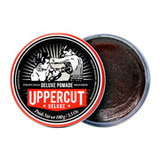 Open image: Uppercut Deluxe Pomade 100g jar strong hold high shine styling product packaging