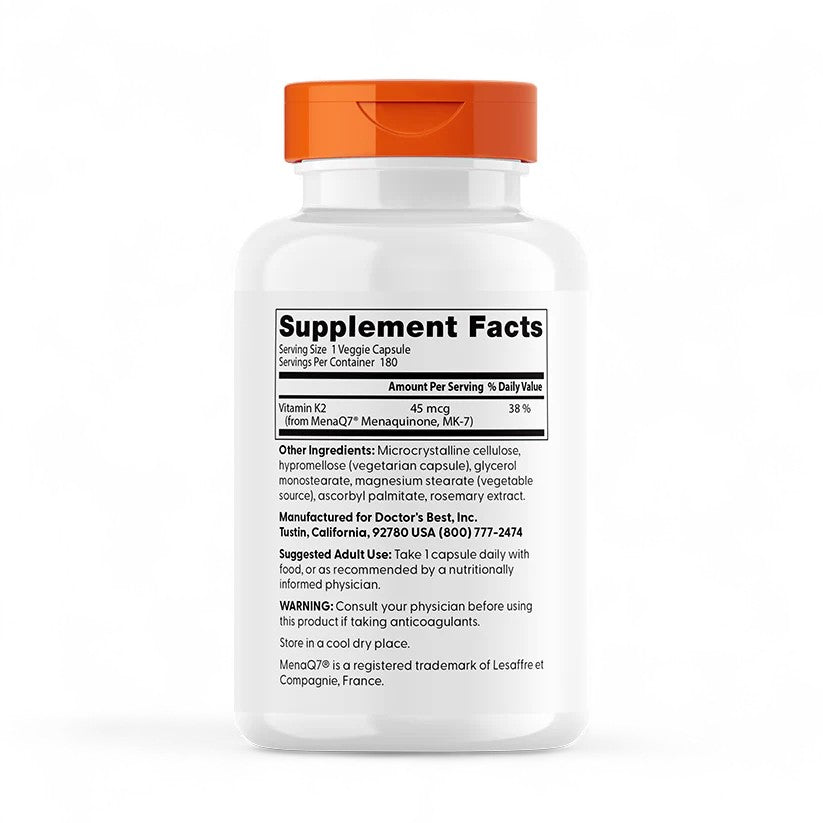 Doctor's Best Natural Vitamin K2 MK-7 – 45mcg, 60 - 180 Veggie Capsules