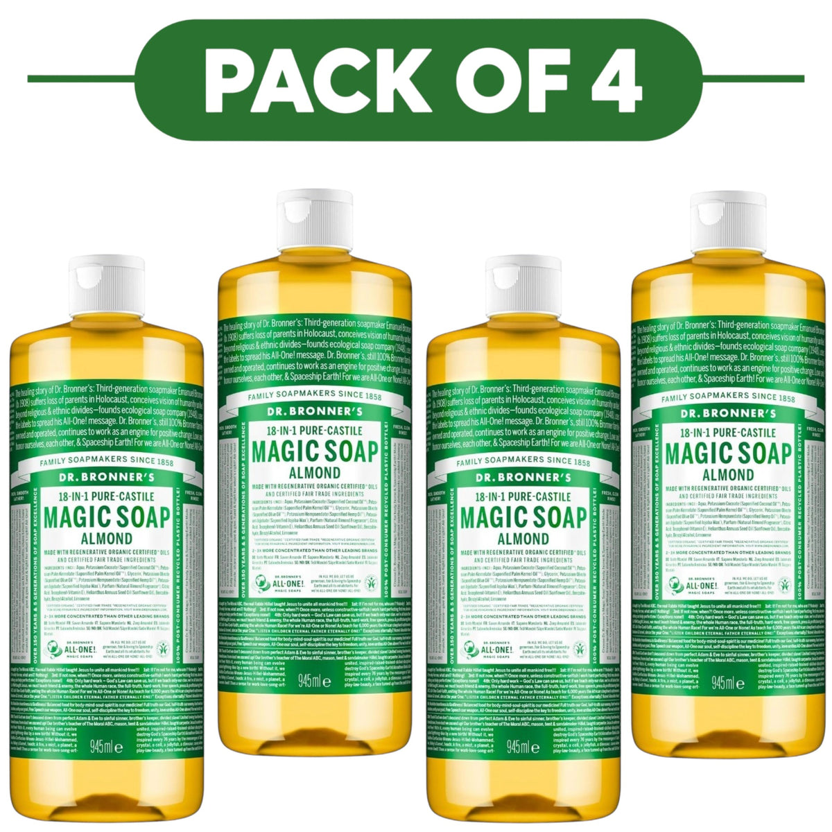 Dr. Bronner's Almond 18-in-1 Pure-Castile Liquid Soap 945ml Pack of 4