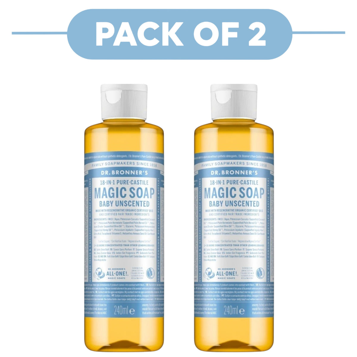 Dr. Bronner's Baby Unscented 18-in-1 Pure-Castile Liquid Soap 240ml Pack of 2