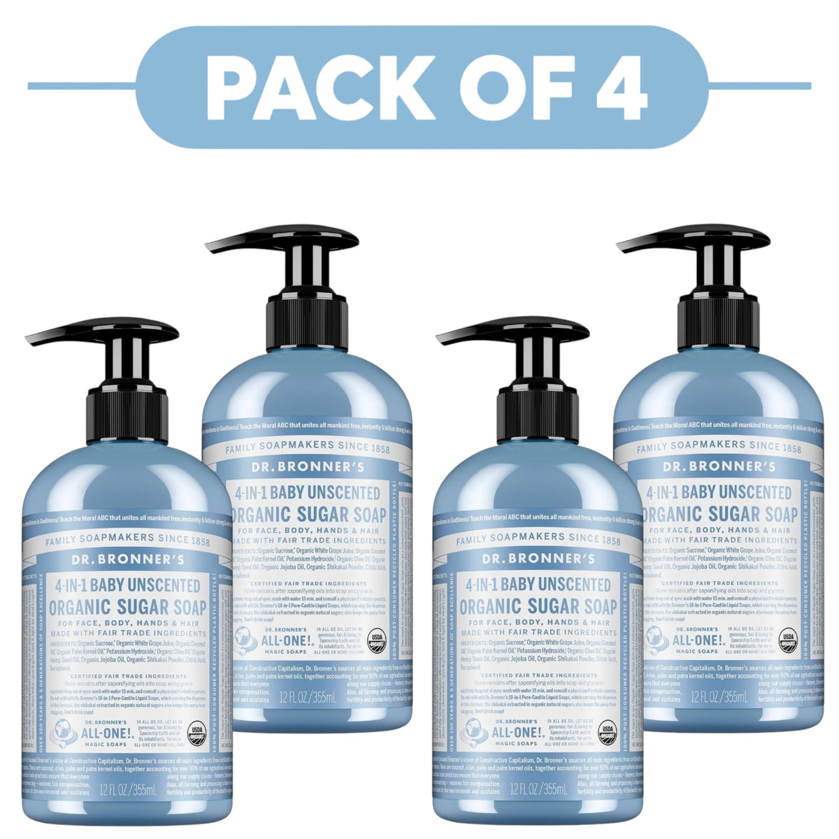 Dr. Bronner's Baby Unscented 4-in-1 Organic Sugar Soap 355ml Pack of 4