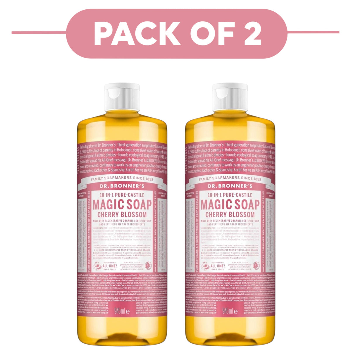 Dr. Bronner's Cherry Blossom 18-in-1 Pure-Castile Liquid Soap 945ml Pack of 2