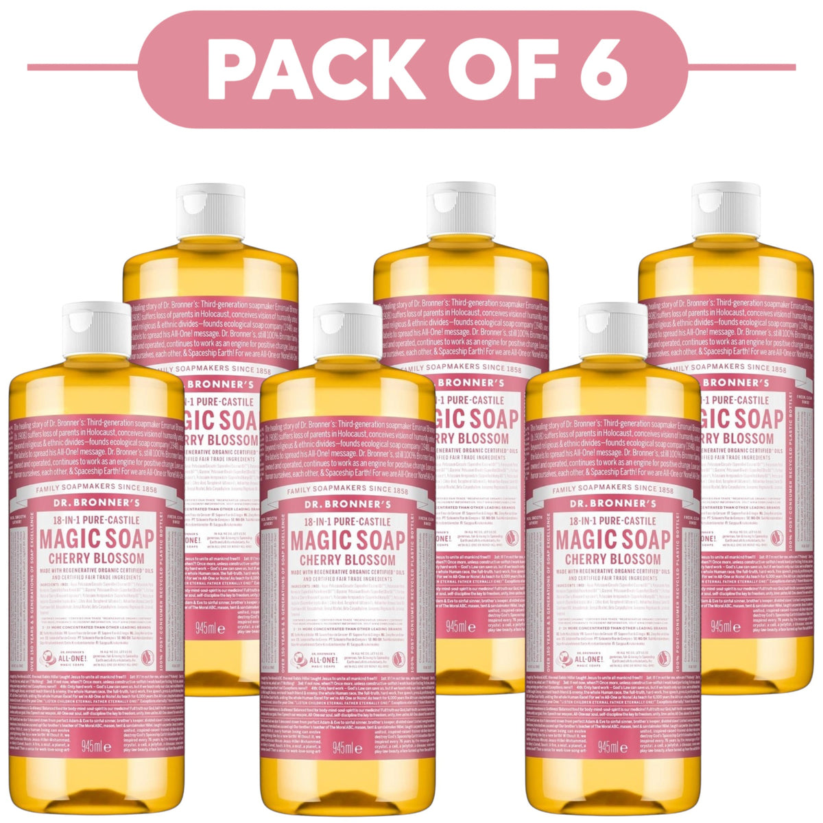 Dr. Bronner's Cherry Blossom 18-in-1 Pure-Castile Liquid Soap 945ml Pack of 6