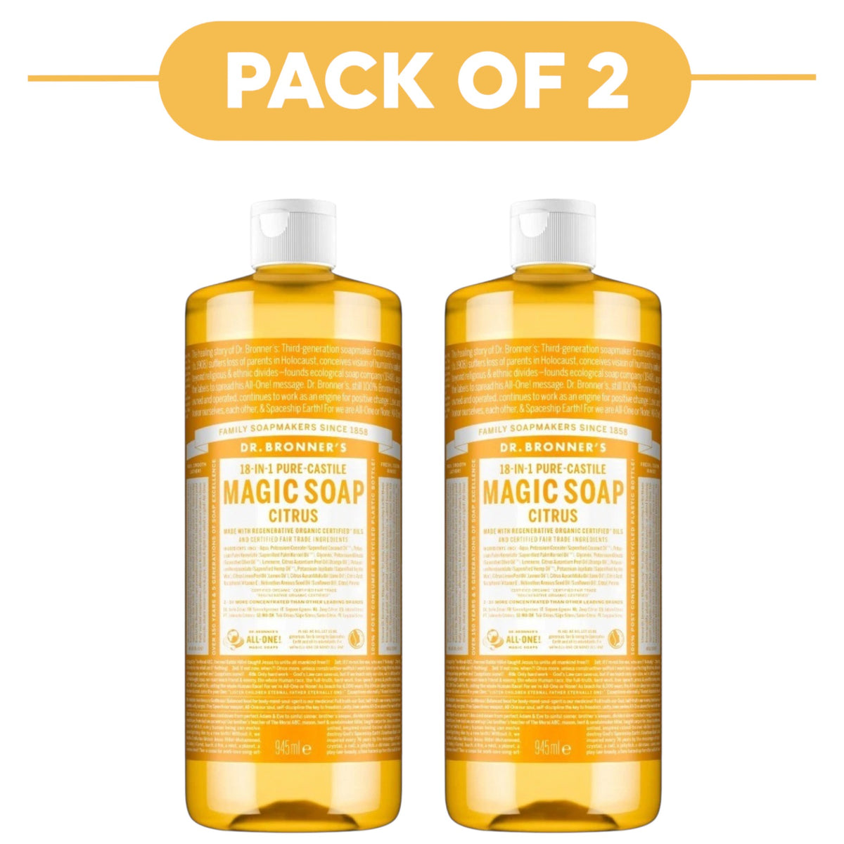 Dr. Bronner's Citrus 18-in-1 Pure-Castile Liquid Soap 945ml Pack of 2