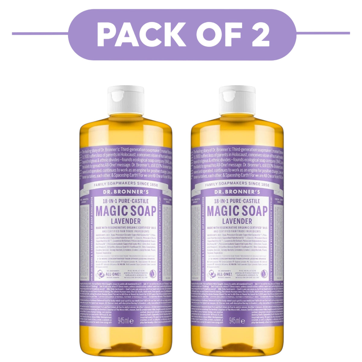 Dr. Bronner's Lavender 18-in-1 Pure-Castile Liquid Soap 945ml Pack of 2