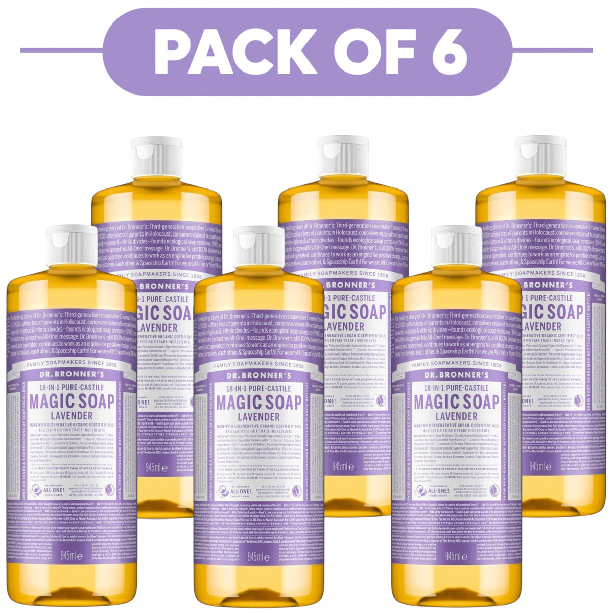 Dr. Bronner's Lavender 18-in-1 Pure-Castile Liquid Soap 945ml Pack of 6