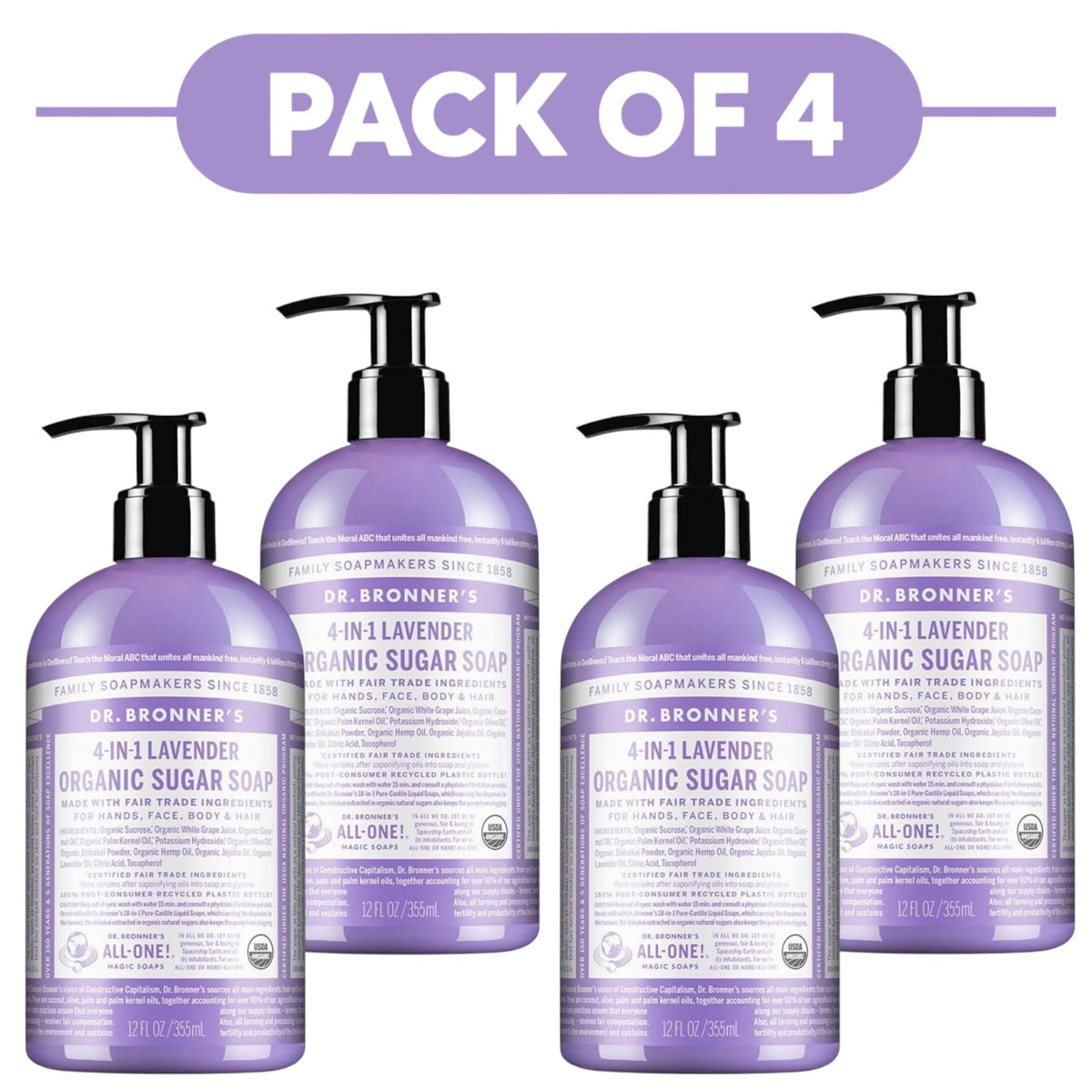 Dr. Bronner's Lavender 4-in-1 Organic Sugar Soap 355ml Pack of 4