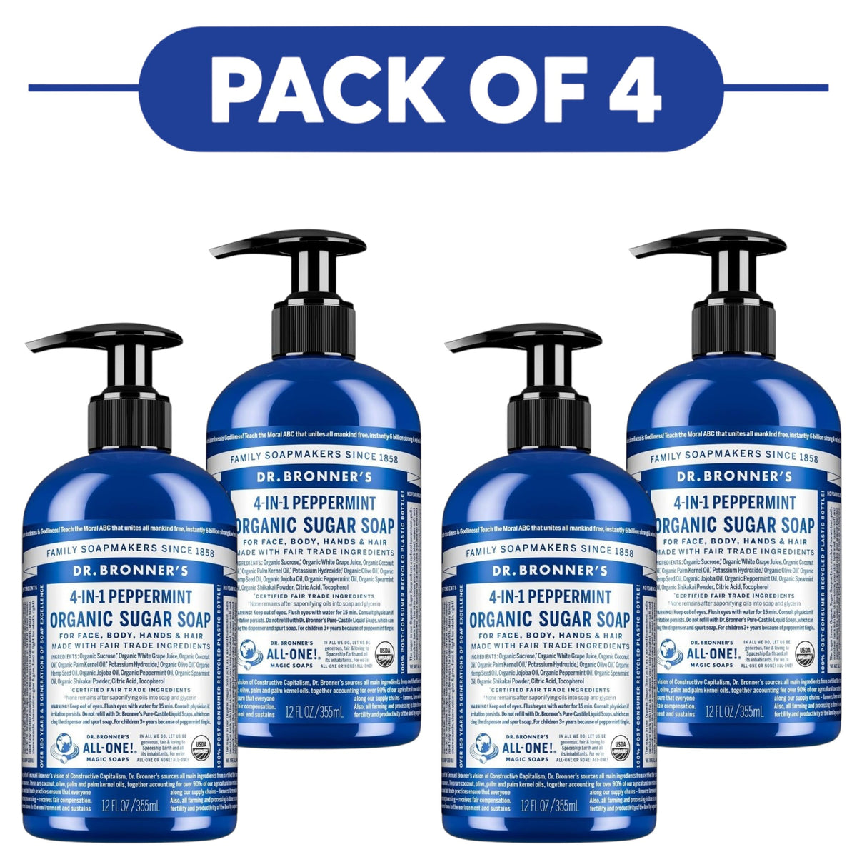 Dr. Bronner's Peppermint 4-in-1 Organic Sugar Soap 355ml Pack of 4