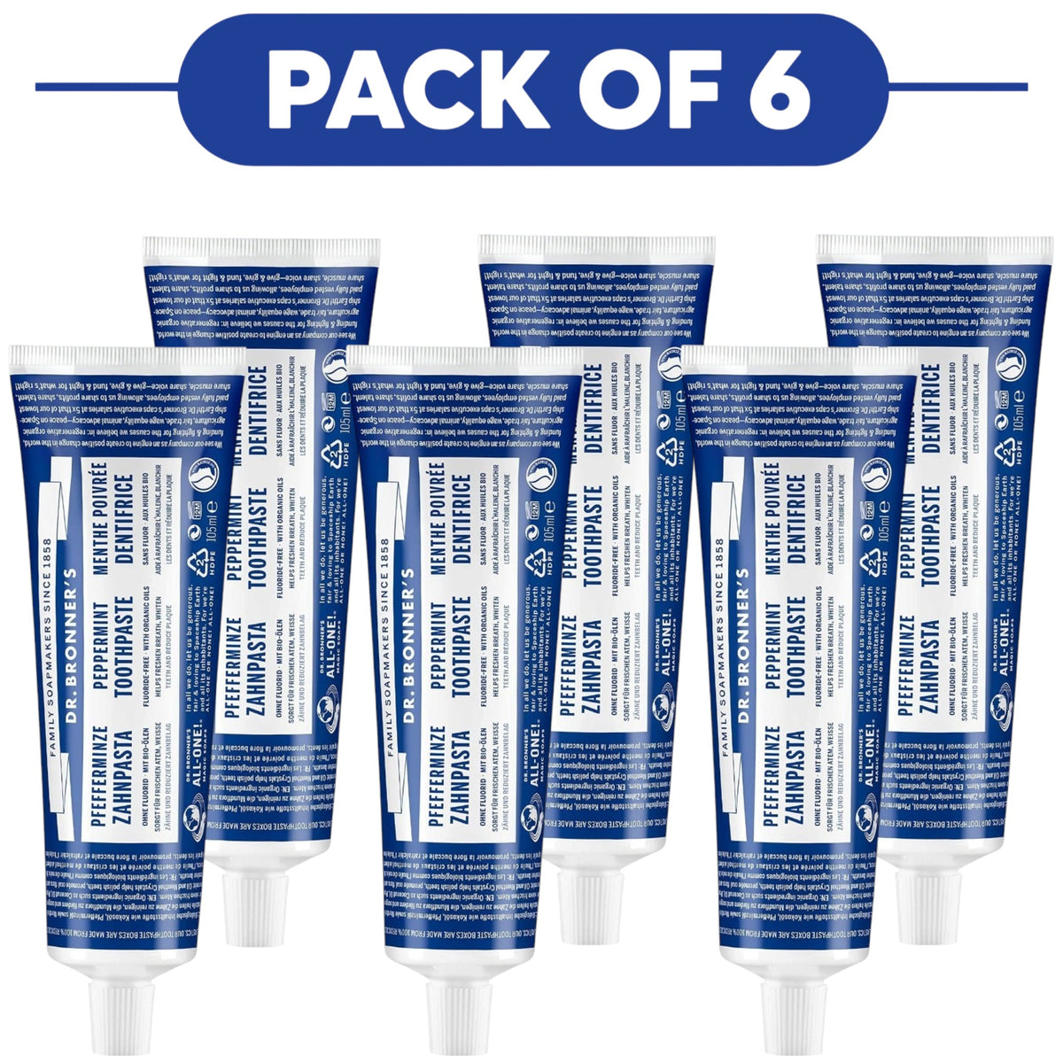 Dr. Bronner's Peppermint Fluoride Free Toothpaste 105ml Pack of 6