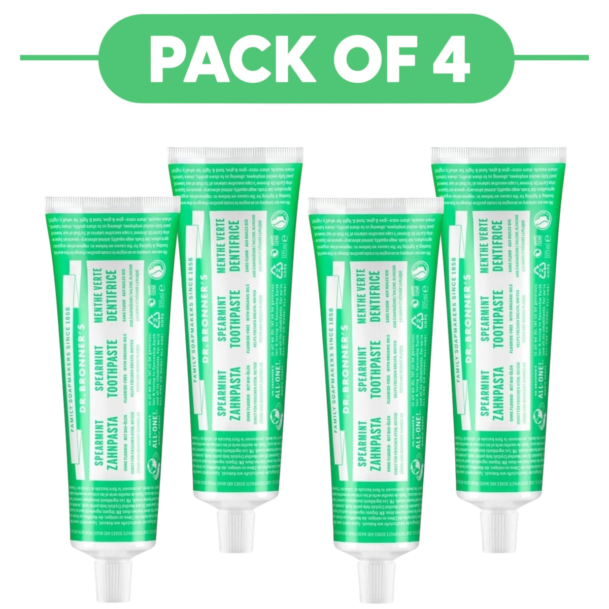 Dr. Bronner's Spearmint Fluoride Free Toothpaste 105ml Pack of 4