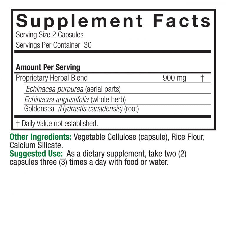 Nature’s Answer Echinacea Goldenseal supplement facts 90 vegetarian capsules back label