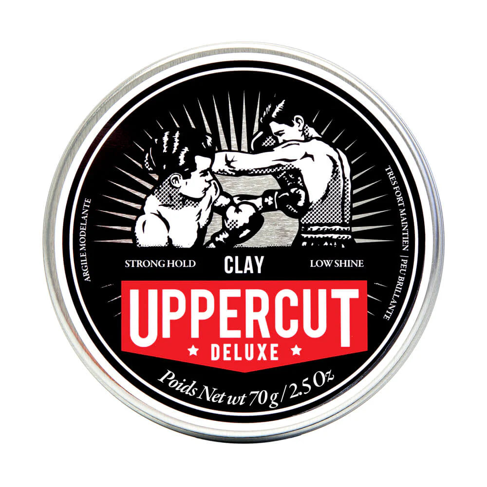 Front image: Uppercut Deluxe Clay Hair Pomade 70g jar matte finish styling clay packaging