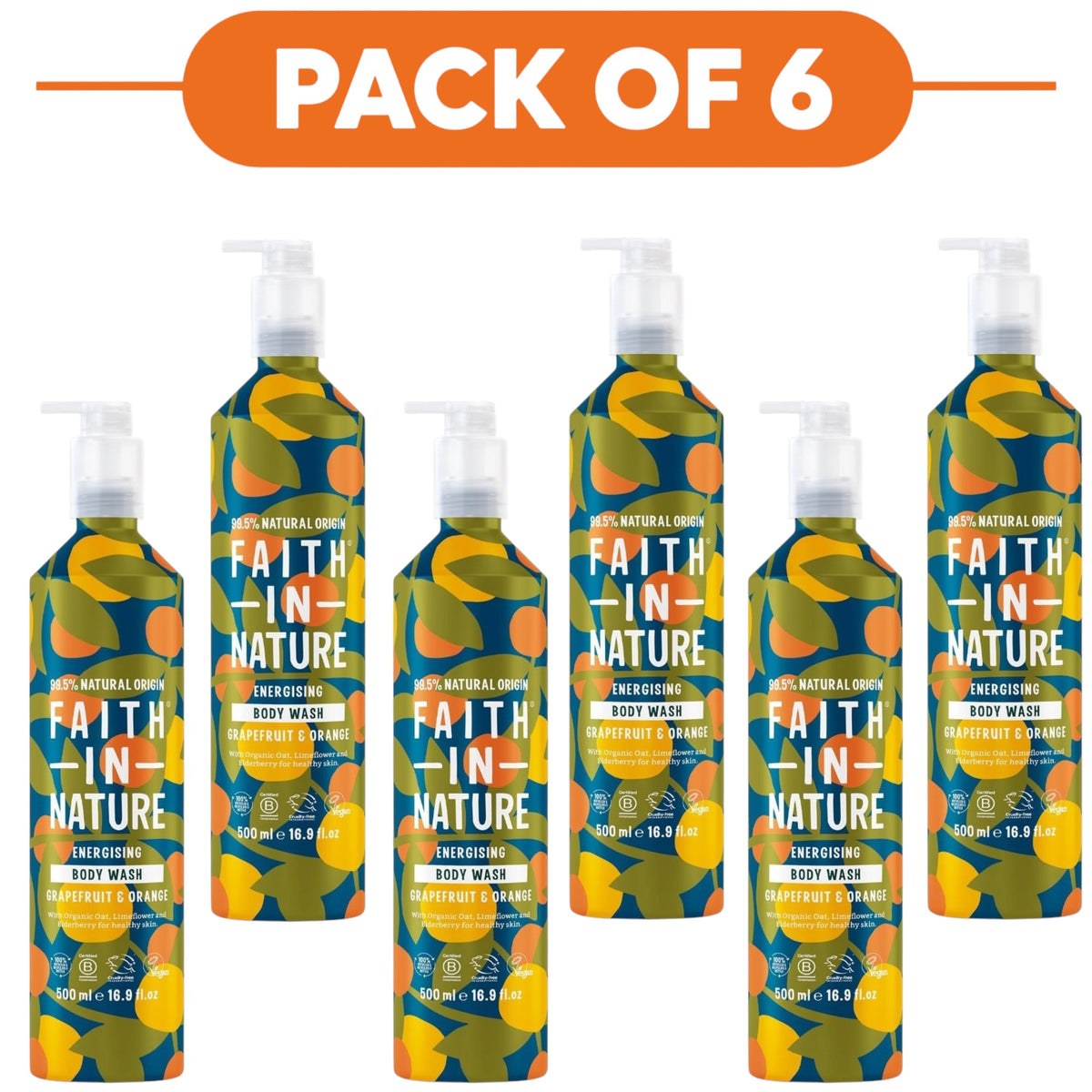 Faith In Nature Grapefruit & Orange Body Wash 500ml Aluminium Bottle Pack of 6