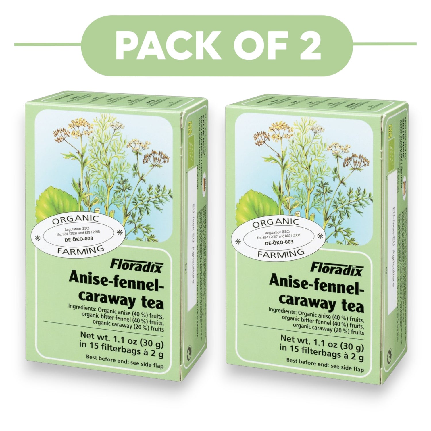 Floradix Organic Anise-Fennel-Caraway Tea 30g 15 Filterbags Pack of 2