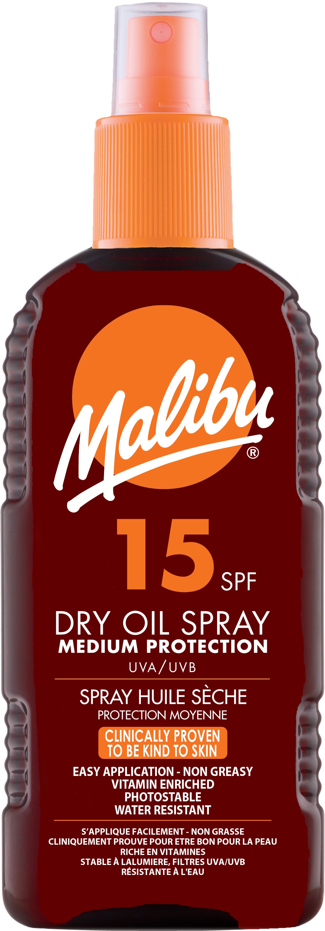 Malibu SPF15 Dry Oil Spray – Medium Protection – 200ml Lightweight, Fast-Absorbing Sun Protection with a Nourishing Finish