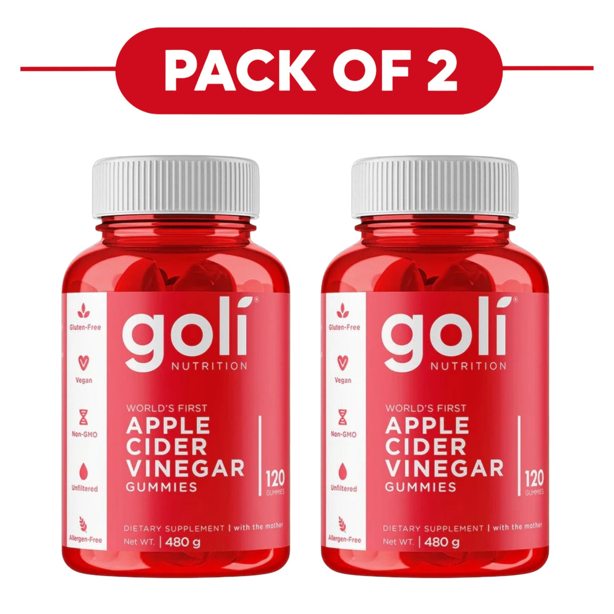 Goli Nutrition Apple Cider Vinegar Gummies 120 Count Pack of 2