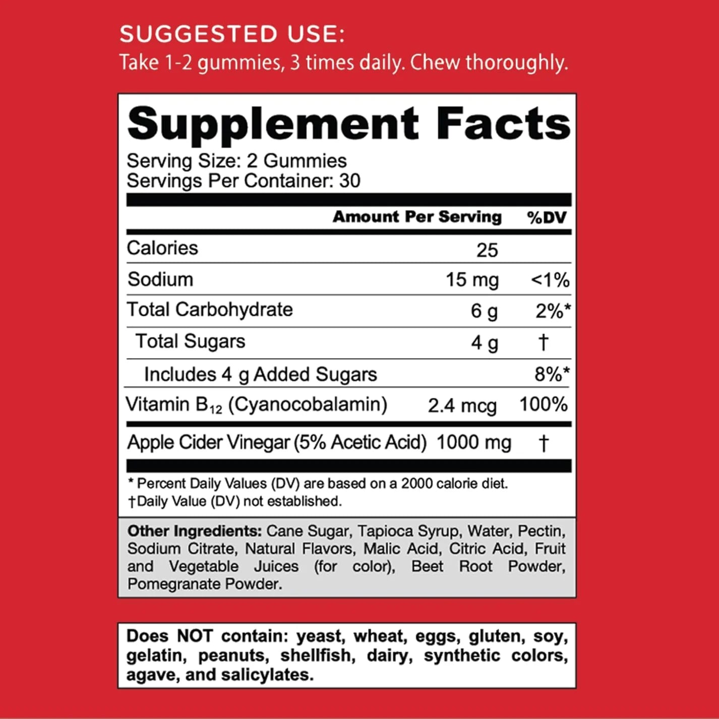 Supplement Facts & Ingredients Image: Goli Apple Cider Vinegar Gummies ingredient label 60 gummies