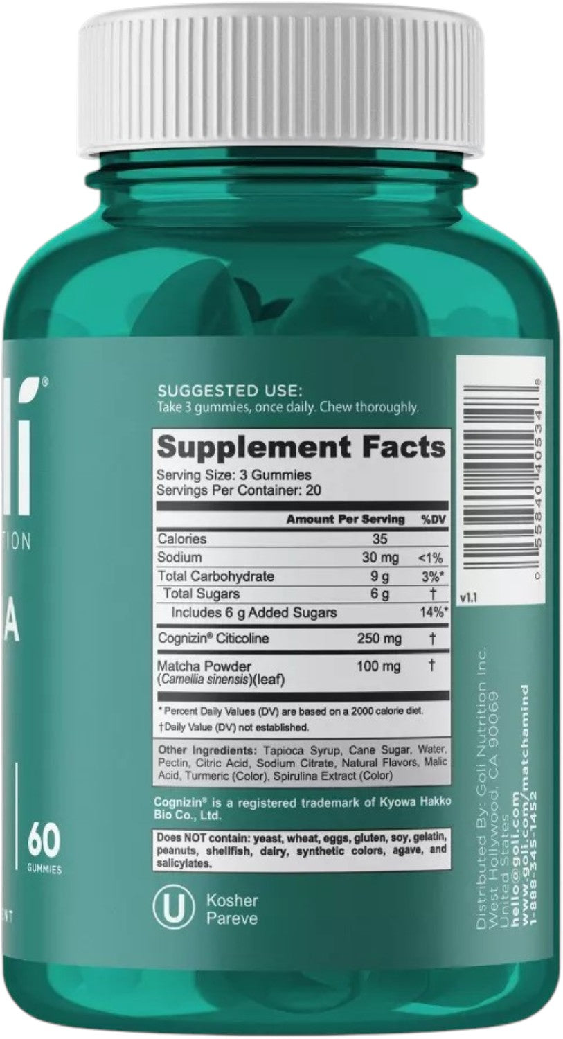 Barcode Image: Goli Nutrition Matcha Mind Gummies barcode packaging 60 count