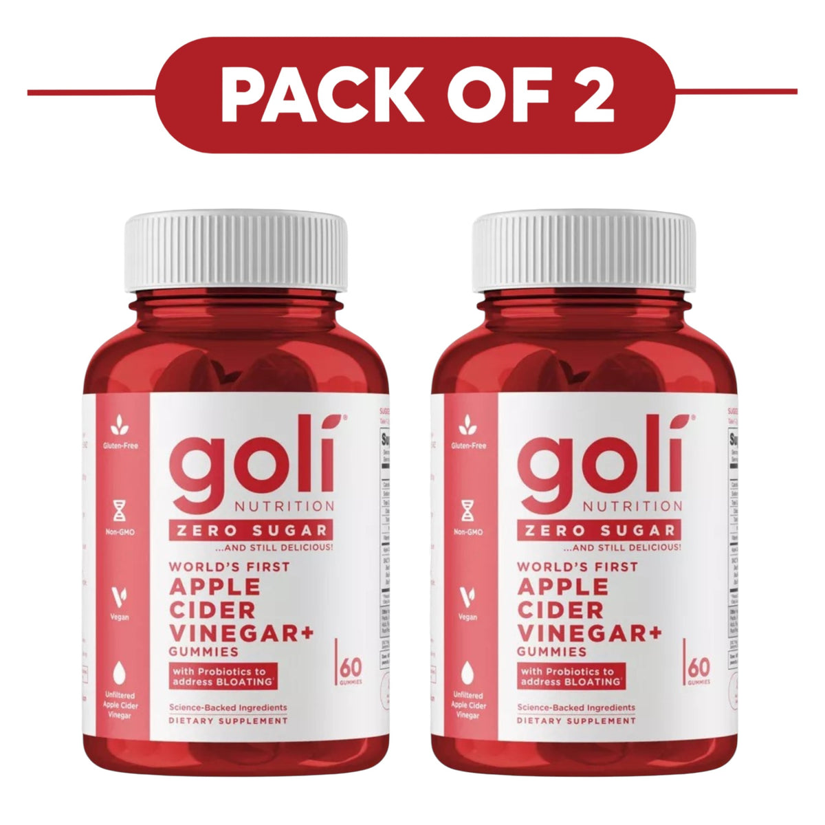 Goli Nutrition Zero Sugar Apple Cider Vinegar Gummies 60 Count Pack of 2