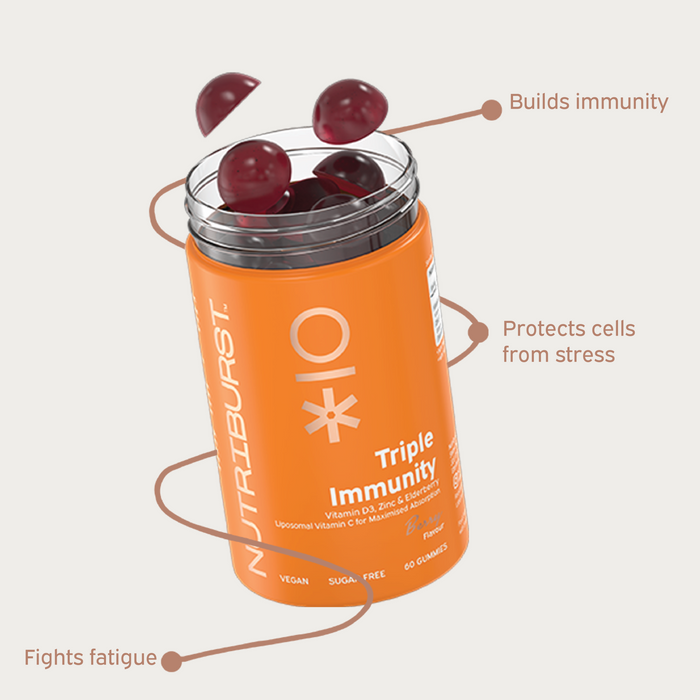 Nutriburst Immune Support Gummies bottle with Vitamin C, D3, Zinc, Elderberry.