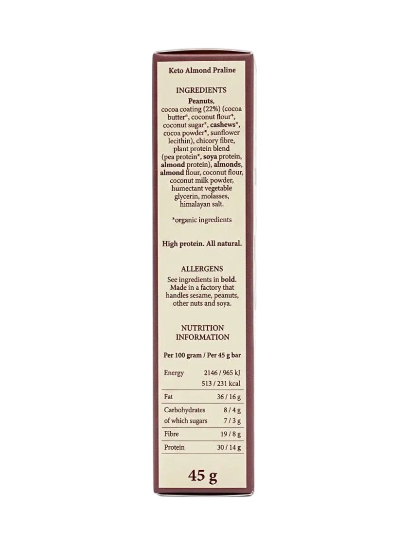 Origin Almond Praline Vegan Protein Bar ingredients and nutrition information 12 x 45g