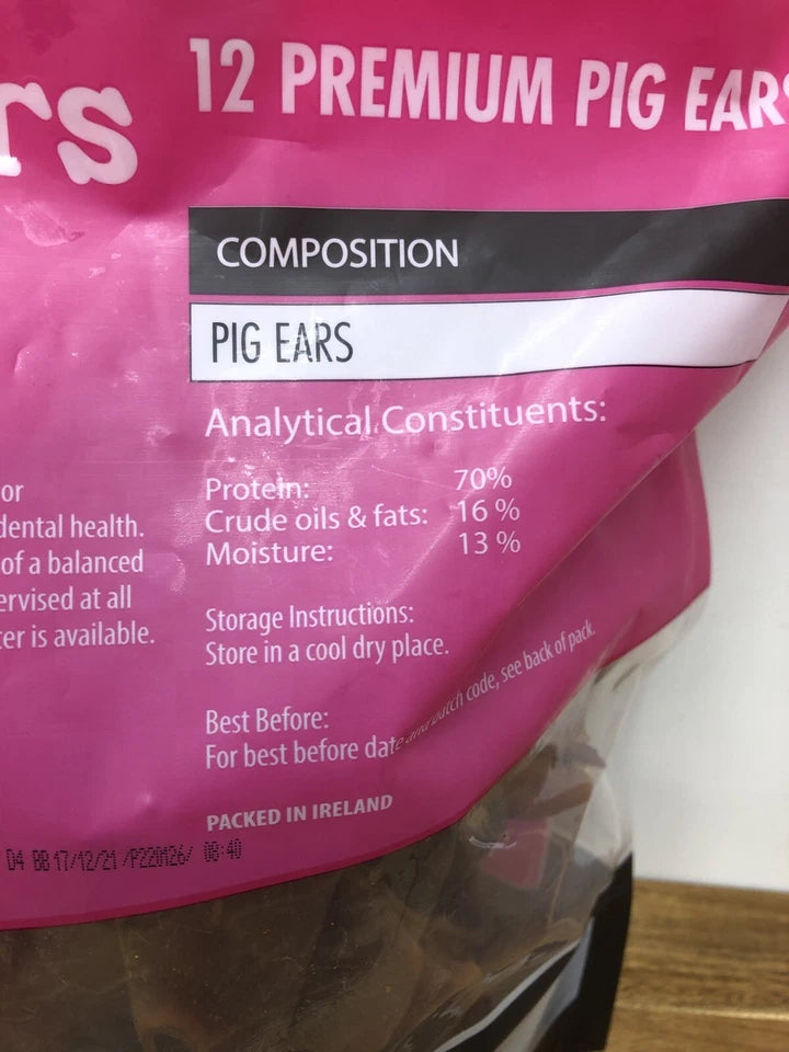 Irish Rover pig ears dog treats ingredient information packaging 12 pack